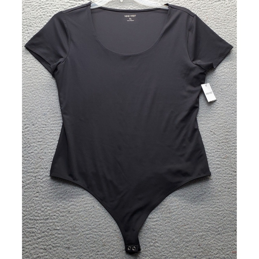 Nine West One Piece Bodysuit Womens XL Black Short Sleeve Scoop Neck Snap Button